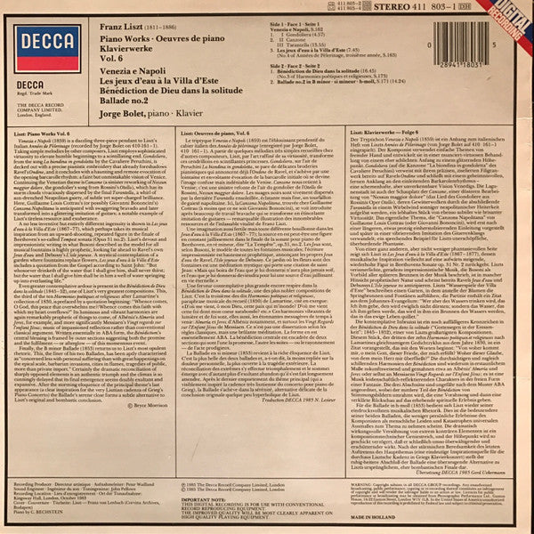 Franz Liszt, Jorge Bolet : Piano Works = Oeuvres Pour Piano = Klavierwerke Vol. 6 (LP)