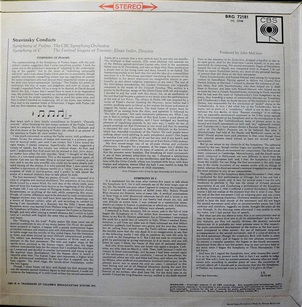 Igor Stravinsky - CBC Symphony Orchestra, Festival Singers Of Toronto, Elmer Iseler : Symphony Of Psalms / Symphony In C (LP)