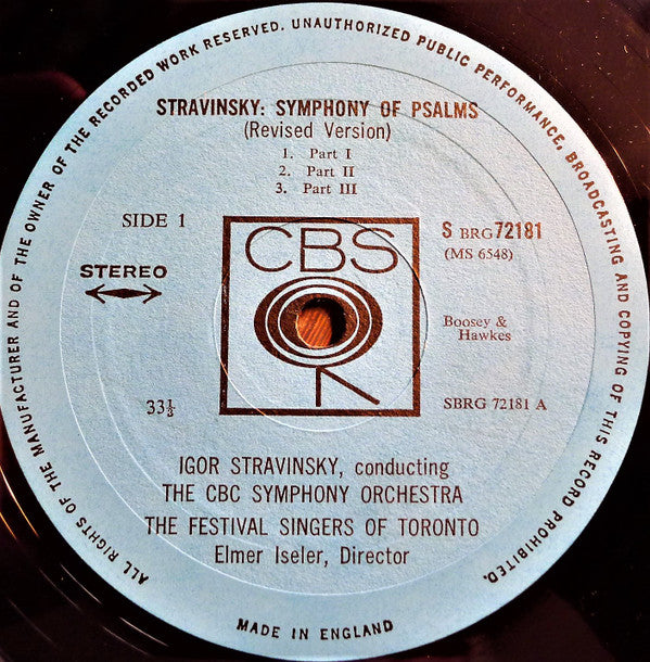 Igor Stravinsky - CBC Symphony Orchestra, Festival Singers Of Toronto, Elmer Iseler : Symphony Of Psalms / Symphony In C (LP)