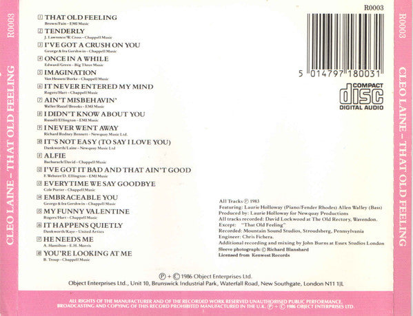 Cleo Laine : That Old Feeling (CD, Album, RE)