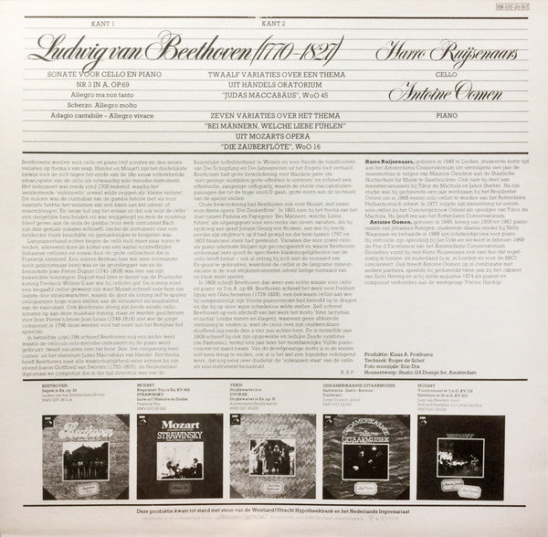 Ludwig van Beethoven, Harro Ruijsenaars, Antoine Oomen : Cellosonate Nr.3 In A, Op.69 / Variaties Over Een Thema Van Händel En Mozart (LP)