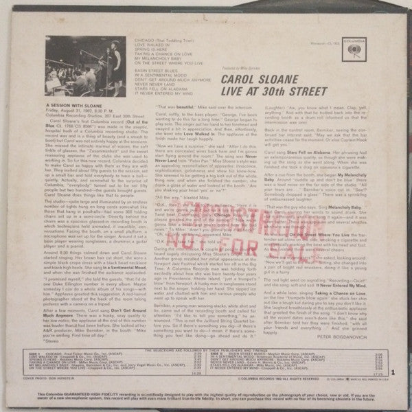Carol Sloane : Live At 30th Street (LP, Album, Mono)