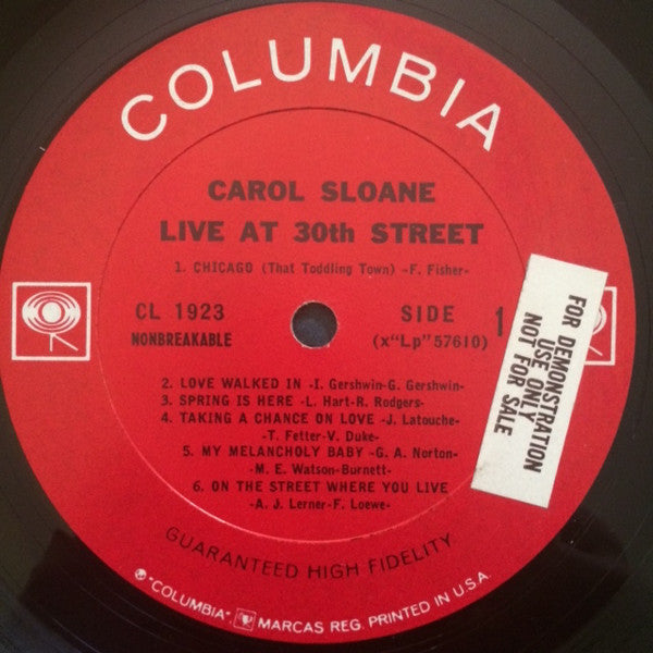 Carol Sloane : Live At 30th Street (LP, Album, Mono)