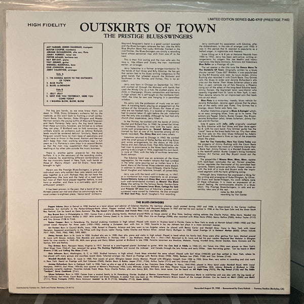 The Prestige Blues-Swingers : Outskirts Of Town (LP, Album, Ltd, RE, KC )