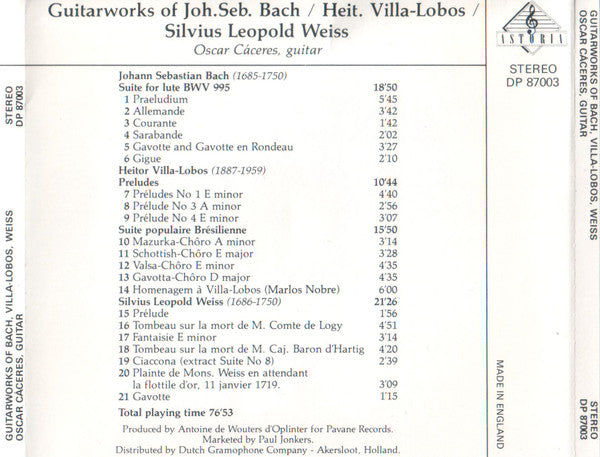 Johann Sebastian Bach, Heitor Villa-Lobos, Sylvius Leopold Weiss, Oscar Cácares : Guitar Works of Bach, Villa-Lobos, Weiss (CD)