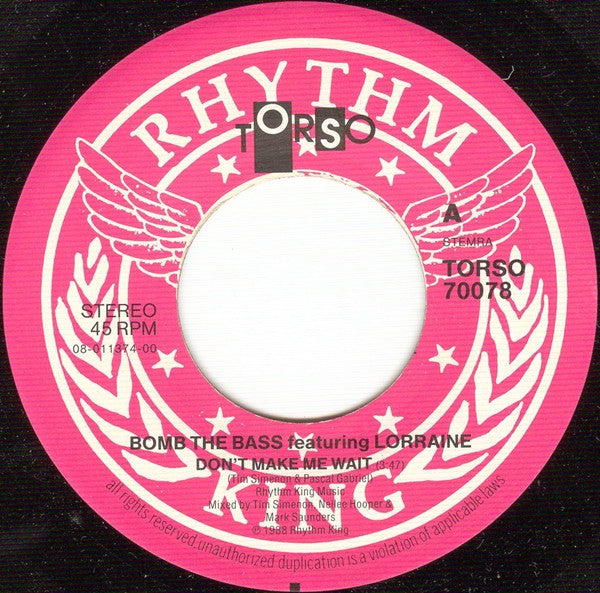 Bomb The Bass Featuring Lorraine McIntosh / Featuring Merlin & Antonia Jolly : Don't Make Me Wait / Megablast (Hip Hop On Precinct 13) (7", Single)