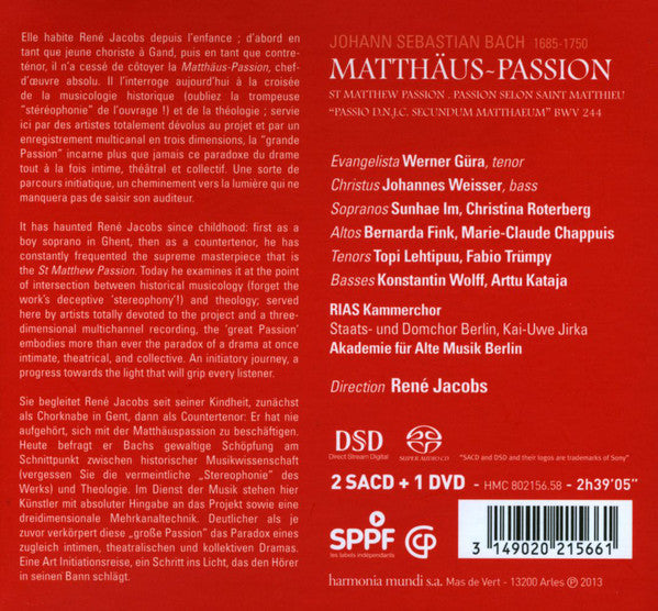 Johann Sebastian Bach, Sunhae Im, Bernarda Fink, Werner Güra, Topi Lehtipuu, Johannes Weisser, Konstantin Wolff, RIAS-Kammerchor, Staats- Und Domchor Berlin, Akademie Für Alte Musik Berlin, René Jacobs : Matthäus-Passion (2xSACD, Hybrid, Multichannel, Album, Dlx + DVD-V +)