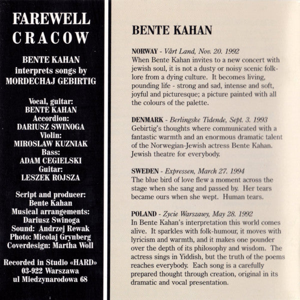 Bente Kahan : Farewell Cracow (CD)