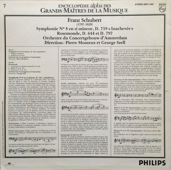 Franz Schubert - Concertgebouworkest, Pierre Monteux, George Szell : Symphonie No. 8 En Si Mineur, D. 759 "Inachevée" - Rosemonde, D. 644 Et D. 797 (LP, Comp)