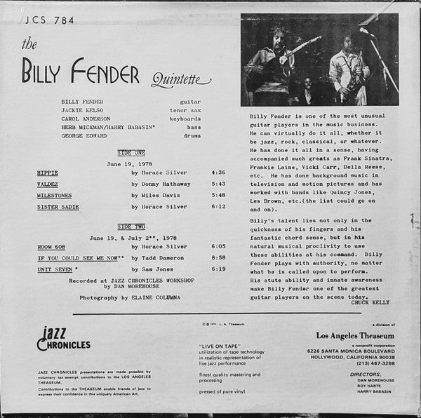 Jackie Kelso, Carol Anderson (5), George Edward, Herb Mickman, Harry Babasin : The Billy Fender Quintette (LP, Album)