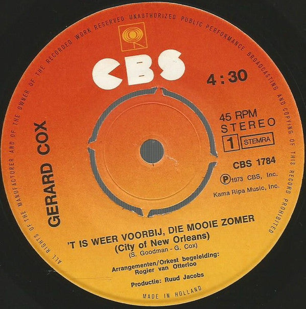 Gerard Cox : 't Is Weer Voorbij, Die Mooie Zomer (7", Single, 4-P)