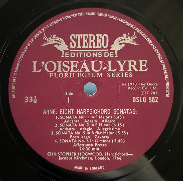 Thomas Arne - Christopher Hogwood : Eight Harpsichord Sonatas (LP)