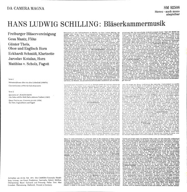 Hans-Ludwig Schilling, Freiburger Bläservereinigung : Bläserkammermusik (LP)