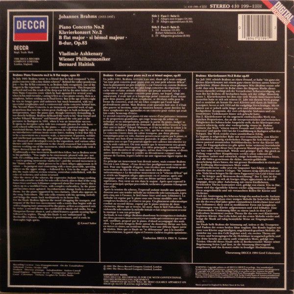 Brahms* - Vladimir Ashkenazy, Wiener Philharmoniker, Bernard Haitink : Piano Concerto No.2 / Klavierkonzert Nr.2 (LP)