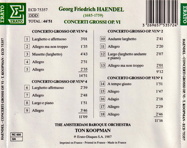 Georg Friedrich Händel, Ton Koopman, The Amsterdam Baroque Orchestra : Concerti Grossi Op. VI Nos. 1,2,4,6 (CD, Album)