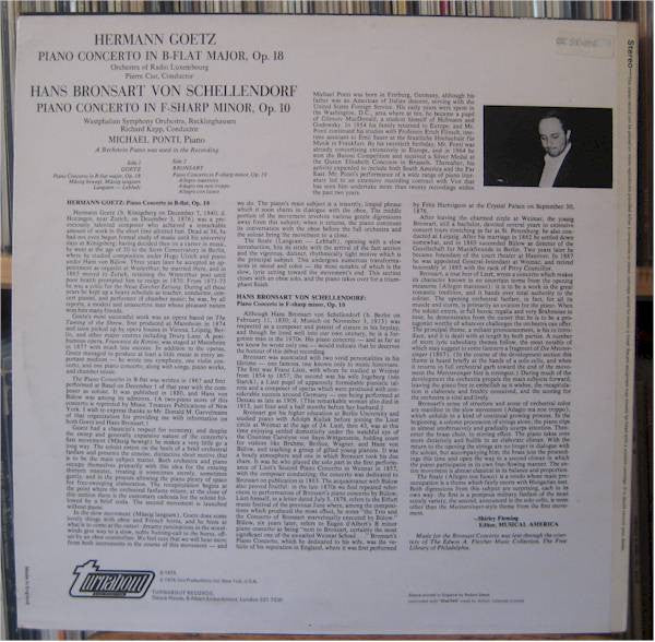 Hermann Goetz - Orchestra Of Radio Luxembourg with Pierre Cao / Hans Bronsart Von Schellendorf - Westfälisches Sinfonieorchester with Richard Kapp - Michael Ponti : Goetz: Piano Concerto In B-flat Major, Op. 18 / Bronsart: Piano Concerto In F-sharp Minor, Op. 10 (LP, Album)