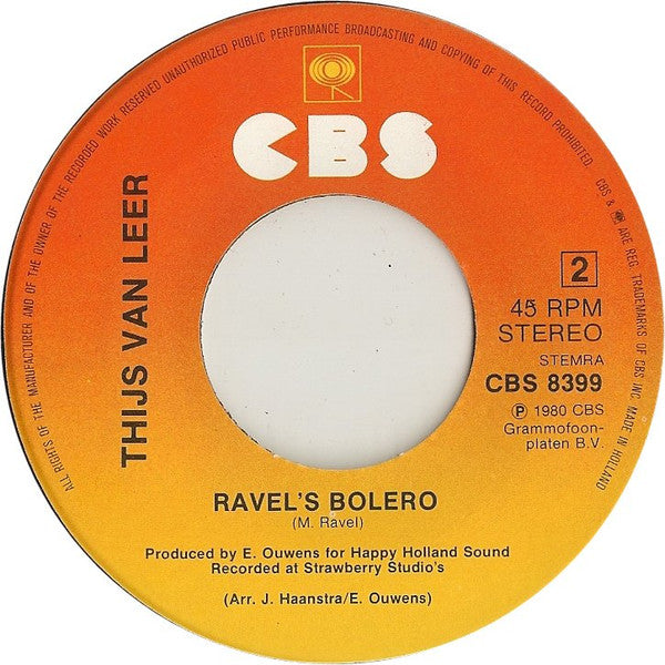 Thijs van Leer : Plays Ravel's Bolero - Love Theme From "10" (7", Single)