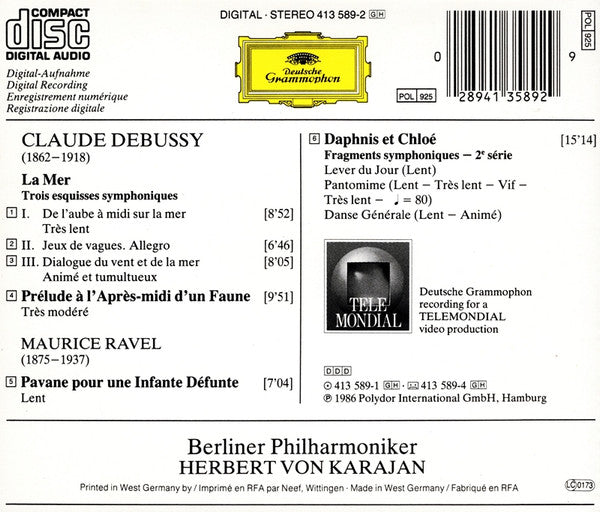 Claude Debussy • Maurice Ravel • Berliner Philharmoniker • Herbert von Karajan : La Mer • Prélude À L'Après-midi D'Un Faune • Daphnis Et Chloé Suite No.2 • Pavane (CD, Album)