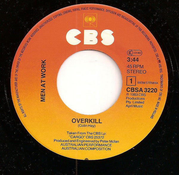 Men At Work : Overkill (7", Single)