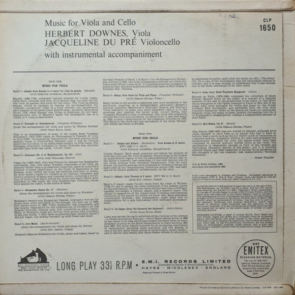 Max Bruch, Herbert Downes, Jacqueline Du Pré : Music For Viola And Cello (LP, Album, Mono)