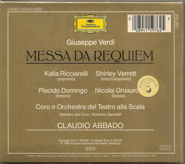 Giuseppe Verdi, Claudio Abbado, Katia Ricciarelli, Shirley Verrett, Placido Domingo, Nicolai Ghiaurov, Coro Del Teatro Alla Scala E Orchestra Del Teatro Alla Scala, Romano Gandolfi : Requiem (2xCD, Album)
