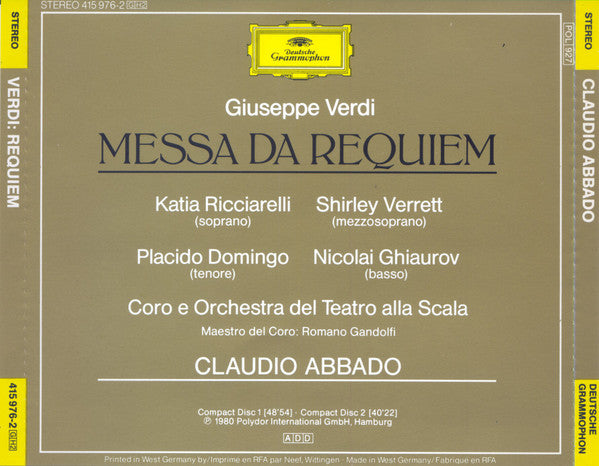 Giuseppe Verdi, Claudio Abbado, Katia Ricciarelli, Shirley Verrett, Placido Domingo, Nicolai Ghiaurov, Coro Del Teatro Alla Scala E Orchestra Del Teatro Alla Scala, Romano Gandolfi : Requiem (2xCD, Album)