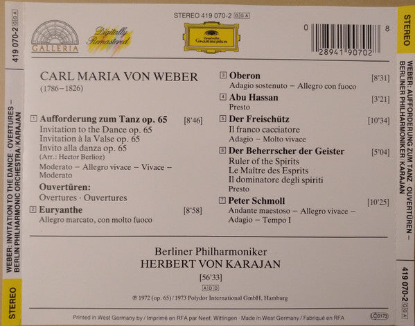 Carl Maria von Weber, Berliner Philharmoniker, Herbert von Karajan : Aufforderung Zum Tanz / Ouvertüren : Eryanthe . Oberon . Der Freischütz . Der Beherrscher Der Geister . Abu Hassan . Peter Schmoll  (CD, Comp, RE, RM)