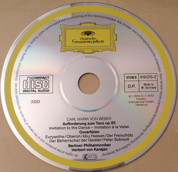 Carl Maria von Weber, Berliner Philharmoniker, Herbert von Karajan : Aufforderung Zum Tanz / Ouvertüren : Eryanthe . Oberon . Der Freischütz . Der Beherrscher Der Geister . Abu Hassan . Peter Schmoll  (CD, Comp, RE, RM)