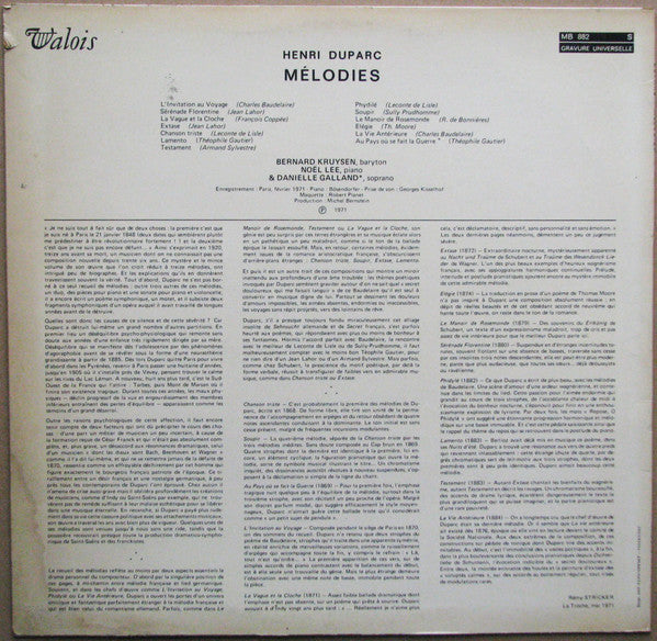 Henri Duparc - Bernard Kruysen, Noël Lee , Avec Le Concours De Danielle Galland : Mélodies (LP)