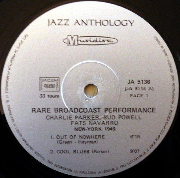 Charlie Parker, Bud Powell, Fats Navarro : Rare Broadcast Performance (New-York 1949) (LP, Album)